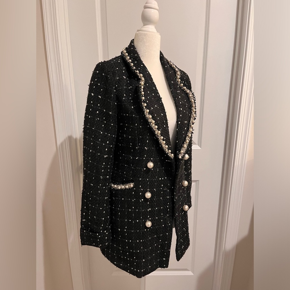 NWT Black Bouclé Blazer with Pearl Buttons and Trim - Picture 2 of 6